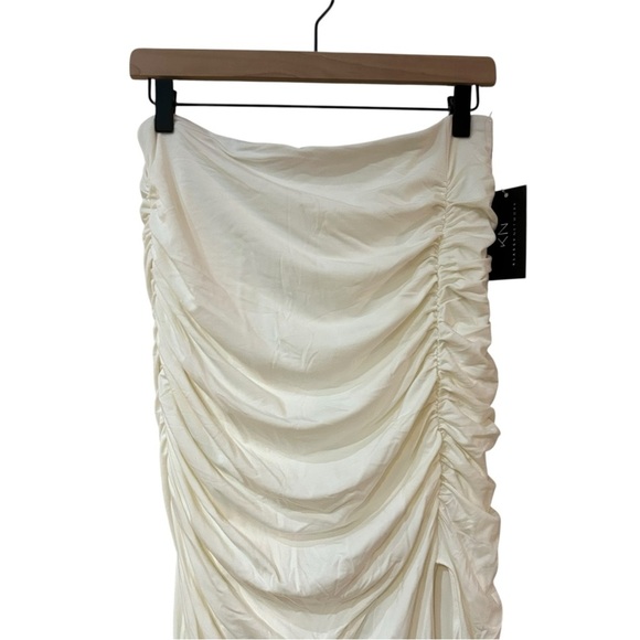 Klassy Network Ruched Maxi Skirt Sz XL Off White Stretchy Modal Slit Soft Skirt - Picture 7 of 9
